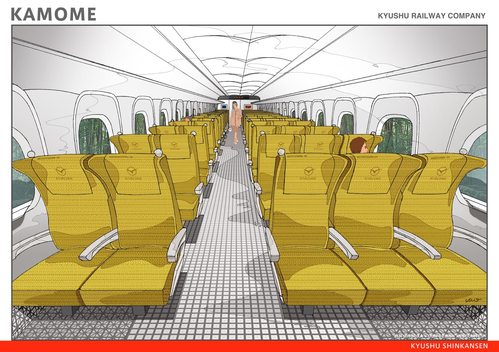 ▲自由席車廂則配有黃色座椅，每排共有五個座位。　圖：JR九州／來源