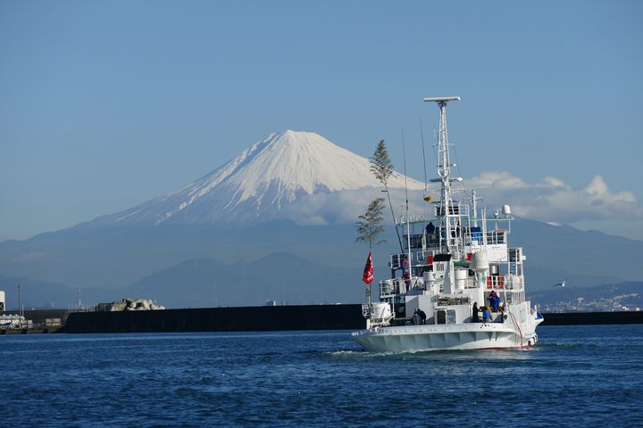 從燒津港眺望富士山與漁船。　圖：三市一町廣域觀光連攜協議會／提供