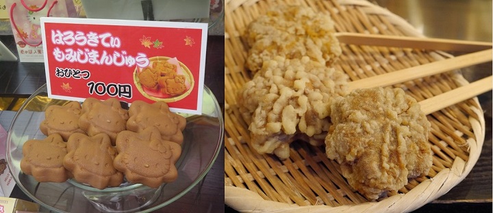 ▲左圖是凱蒂貓紅葉饅頭，右圖是油炸版紅葉饅頭。　圖：廣島縣觀光連盟／提供