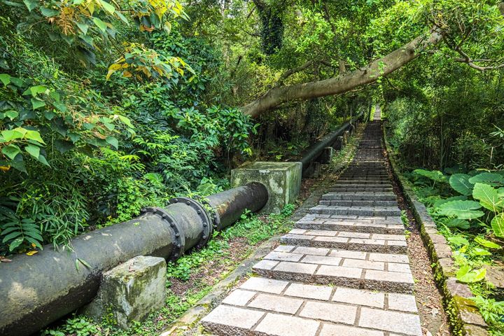 ▲天母古道可一窺百年歷史的黑色大水管。　圖：台北市政府觀光傳播局／提供