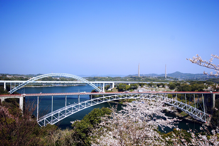 ▲紅藍兩色的新舊西海橋、櫻花與漩渦都是此地必看景色。　圖：長崎縣觀光連盟／提供