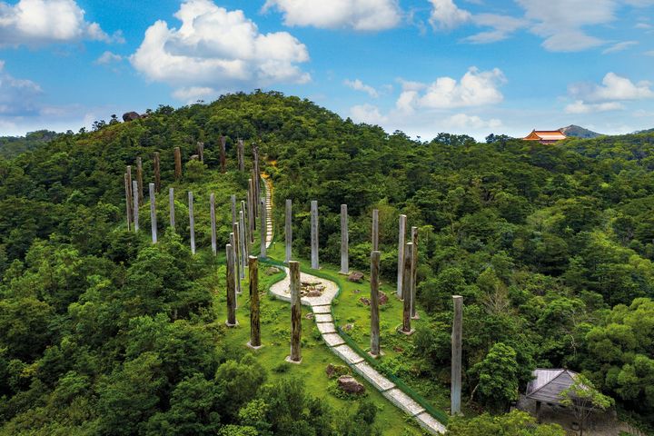 ▲心經簡林的木柱排成「∞」符號，象徵無限大之意。　圖：香港旅遊發展局／提供