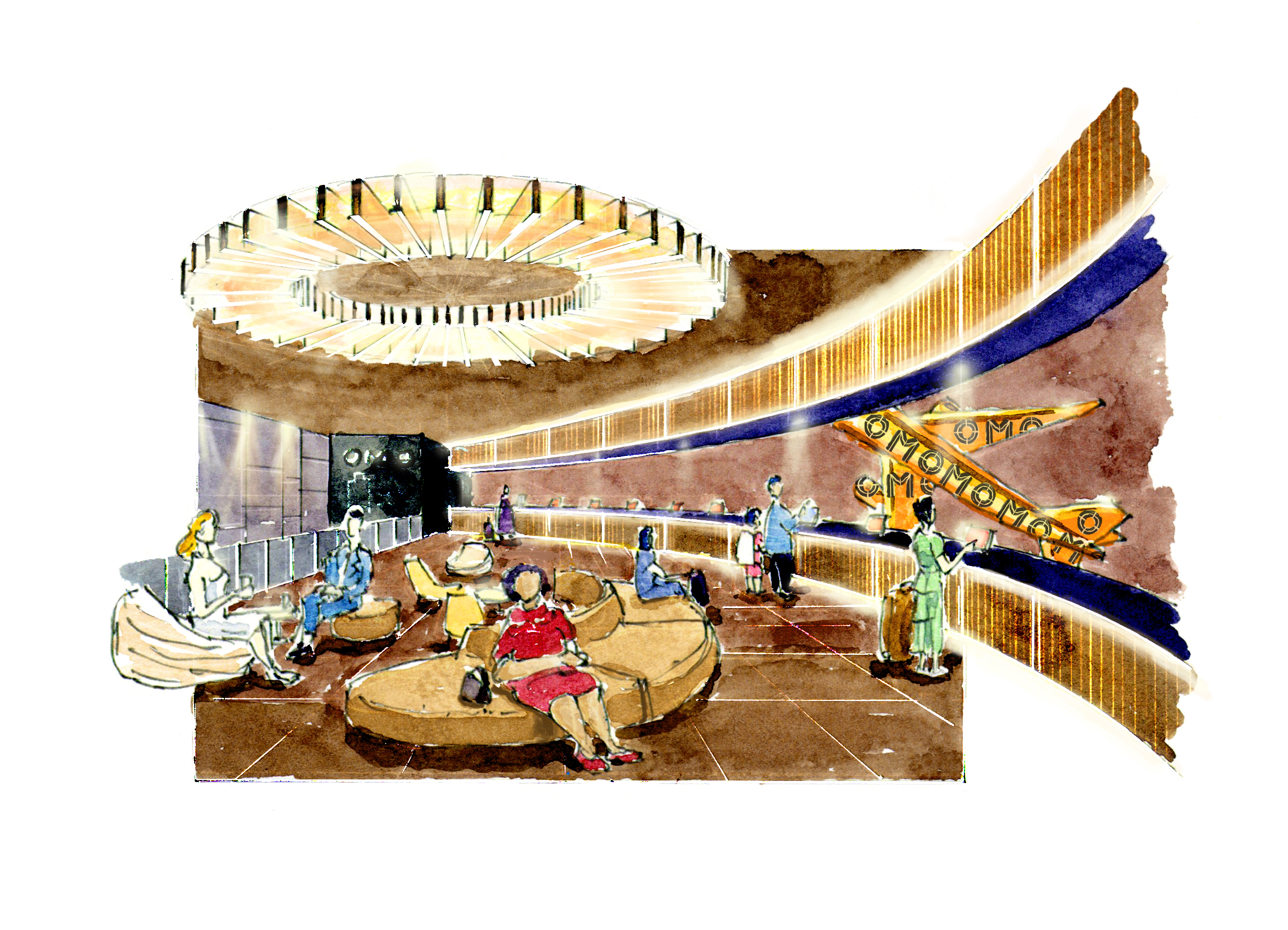▲「OMO關西空港by星野集團」飯店大廳的公共空間以飛機的引擎、座椅作為設計概念。　圖：星野集團／提供