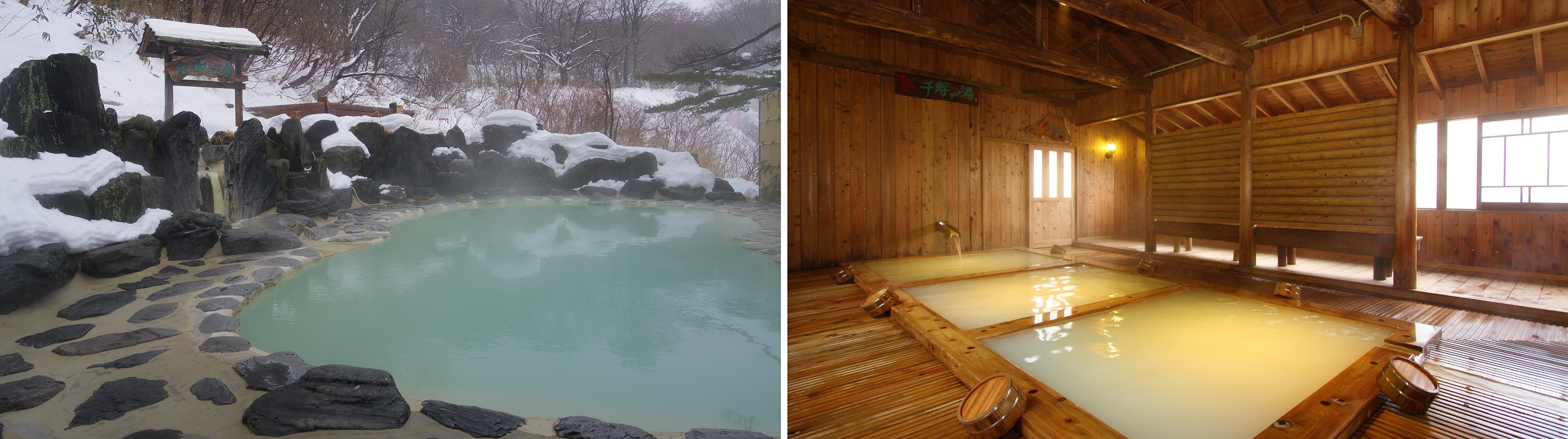 ▲奪冠的福島縣「野地溫泉飯店」，左圖是露天溫泉鬼面之湯，右圖是室內溫泉千壽之湯。　圖：樂天GROUP株式會社／提供