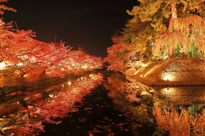 ▲往年護城河畔的夜間點燈配上水面倒影，美不勝收。　圖：日本旅行情報局／提供