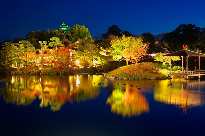 ▲透過夜間點燈點綴，呈現出與白天不同的魔幻面貌。　圖：岡山県観光連盟／來源