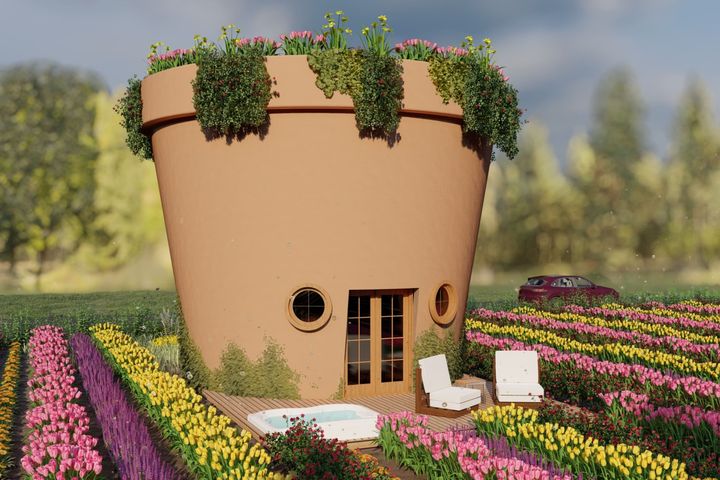 ▲Airbnb 標新立異房源基金獲選作品：座落於美國愛達荷州農場裡的巨大盆栽屋。　圖：Airbnb／提供