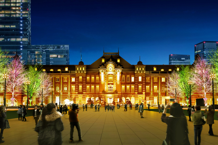 活動期間從東京車站丸之內中央廣場往站舍看過去的點燈視覺。　圖：東日本旅客鐵道株式會社／提供