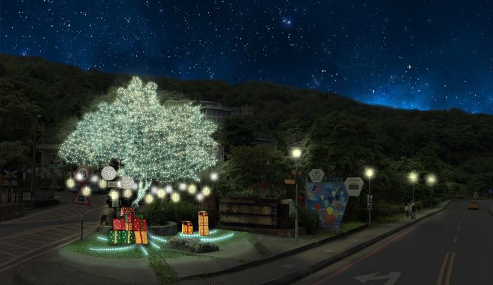 ▲「希望之光」將綠意盎然的樹木化身為璀璨動人的許願樹，象徵傳遞人們的心願，設置於十分風景區入口處。　圖：新北市政府觀光旅遊局／提供