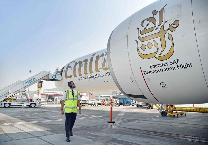 ▲阿聯酋航空首架以100% SAF驅動的示範航班自杜拜國際機場出發，成功於杜拜海岸線上空飛行超過一小時。　圖：阿聯酋航空／提供