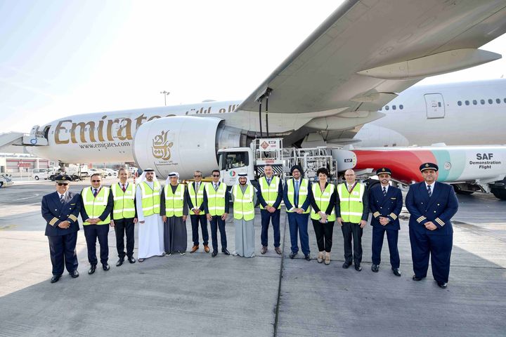 阿聯酋航空以100%永續航空燃料執飛示範航班，邁向永續新里程。　圖：阿聯酋航空／提供