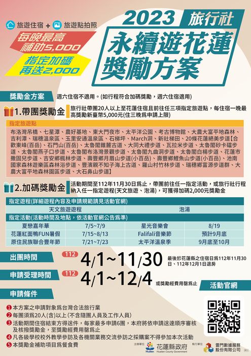 ▲花蓮縣政府同時也祭出花蓮旅行社獎勵方案。　圖：花蓮縣政府觀光處企劃科／提供