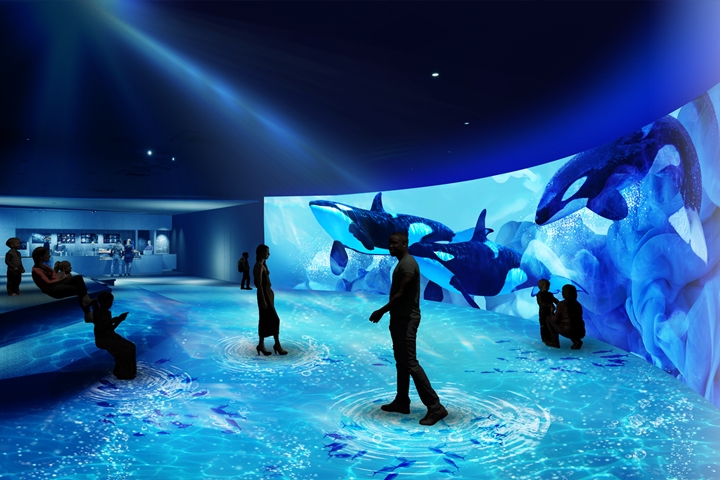 結合20公尺螢幕與120平方公尺地面投影的數位藝術區，彷彿帶領遊客進入海底世界。　圖：青青株式會社／來源
