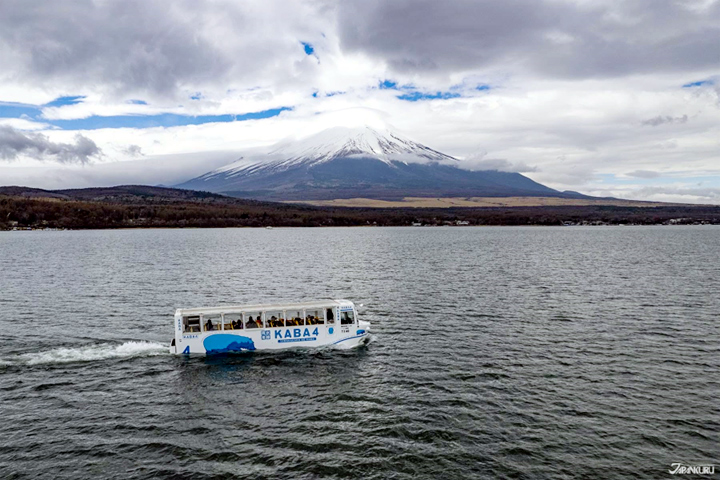 ▲搭河馬為主意象設計的KABA水陸兩用巴士巡遊山中湖。　圖：JR TIMES／提供