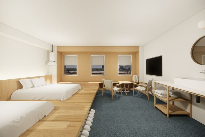 雀客旅館東京上野－雙床房設計圖，客房揉合日系簡約調性。　圖：敦謙國際／提供