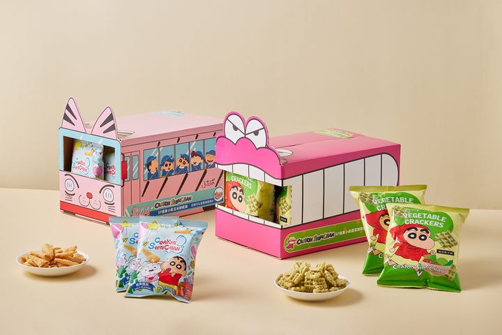 蠟筆小新娃娃車玉米餅派對箱、鱷魚山先生蔬菜格子餅派對箱，每件特價199元（原價每件249元）。　圖：SUNFRIEND MOUTH／提供