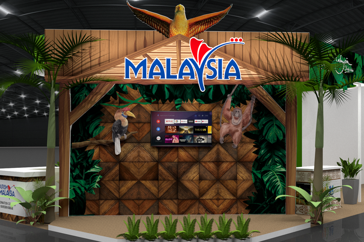 以生態旅遊為推廣主軸，馬來西亞觀光局打造熱帶原始風貎的展館。　圖：馬來西亞觀光局／提供