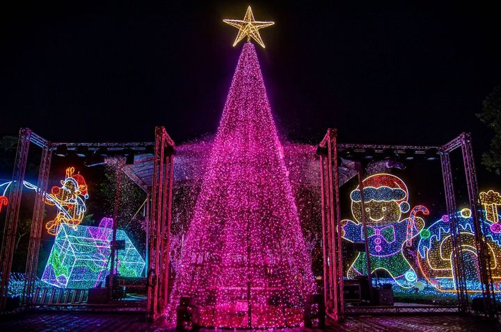 ▲12公尺聖誕樹樹頂有著金黃閃亮的星星造型。　圖：宜蘭縣政府／提供