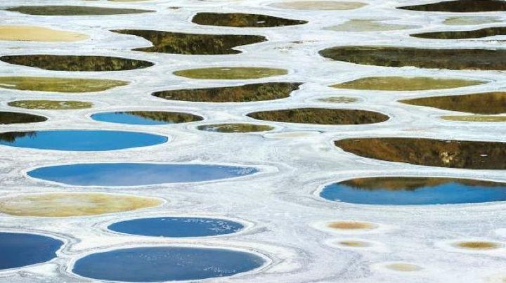 ▲斑點湖為奧索約斯西北部的鹽鹼湖，由於夏季湖水蒸發，露出湖底礦物質，因而形成諸多小水坑而得名。　圖：Destination BC/Andrew Strain／來源