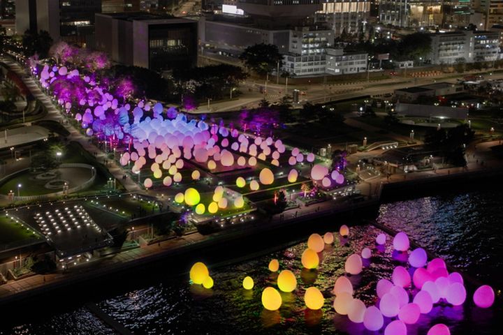 ▲「teamLab Continuous 光漣」自金鐘添馬公園草地延伸至維港海面© teamLab。　圖：香港旅遊發展局／提供