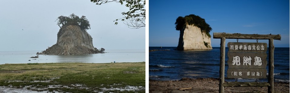 ▲見附島受地震影響整體變形。左圖為地震後，右圖為地震前。　記者-蔡雅雯／拍攝