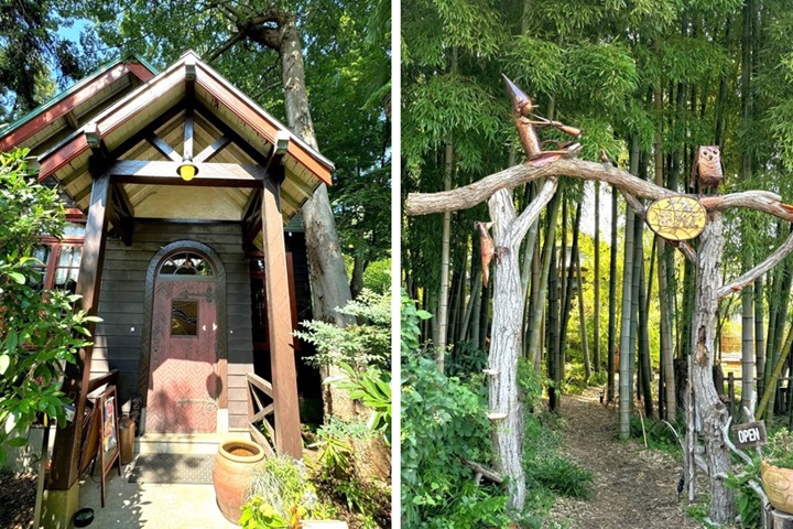 左圖為 CAFE OKIMOTO 可愛的三角形屋頂門廊。右圖為庭園中有特色的看板。　圖：©CAFE OKIMOTO／提供