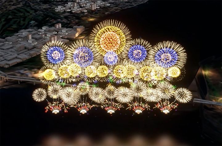▲跨河煙火煙火秀第四幕「多元共融+星空夜祈」三重蕊模擬照片。　圖：新北市政府高灘地工程管理處／提供