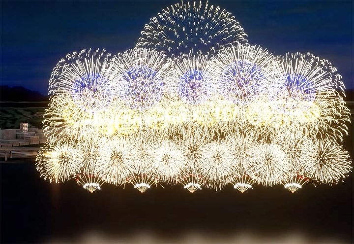 ▲跨河煙火煙火秀第四幕「多元共融+星空夜祈」模擬照片。　圖：新北市政府高灘地工程管理處／提供