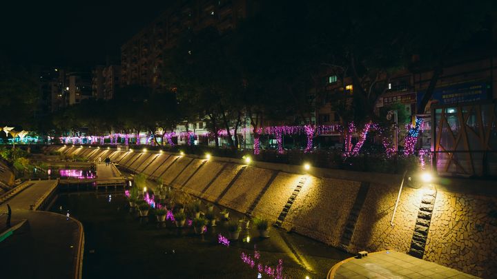 ▲中港大排兩側行道樹披上水藍色、粉色等五彩繽紛的節慶燈飾。　圖：新北市政府水利局／提供