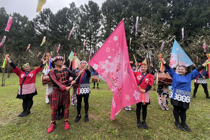 ▲長老授旗給舞者宣告九族櫻花祭25回－系列慶祝活動火熱開跑。　圖：九族文化村／提供