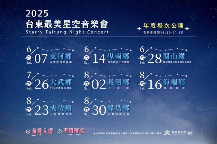 ▲2025最美星空音樂會8場次音樂時程。　圖：台東縣政府／提供