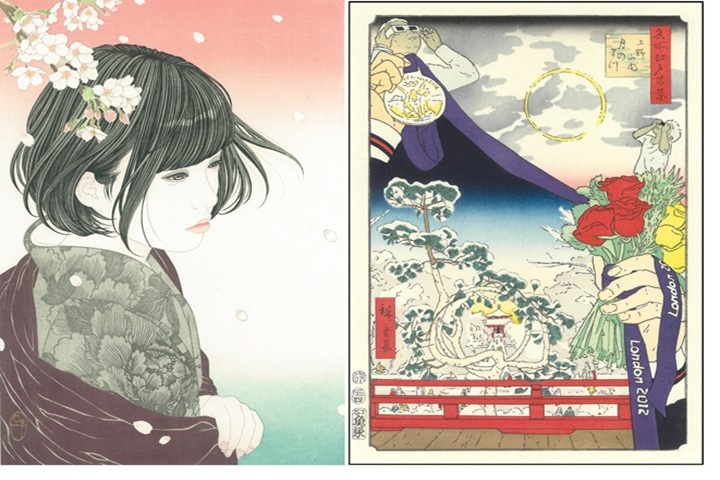 【左】宮﨑優《花ざかり》2018年©Yu-Miyazaki【右】福田美蘭《2012年の雪月花》2012年的兩件作品，是由「アダチ版畫研究所」（Adachi Hanga）主辦的公開徵選活動，得到「足立UKIYOE大賞」的得獎作品。　圖：東京國立博物館／提供