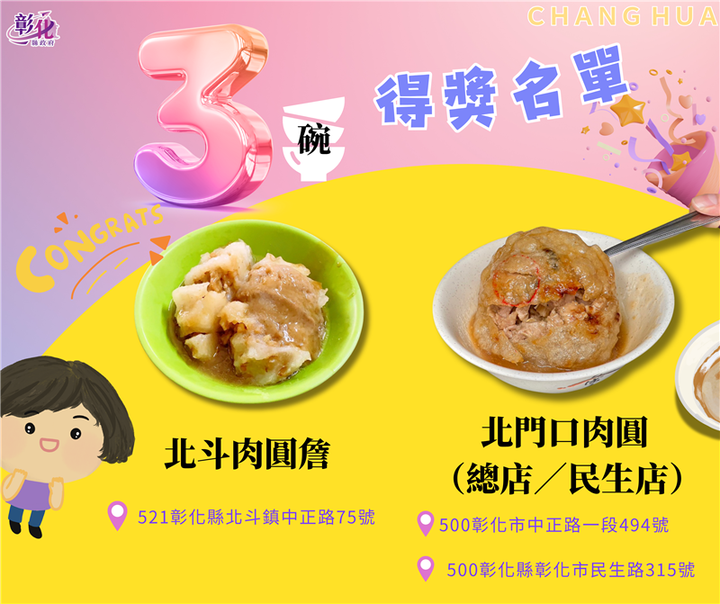▲彰化市「北門口肉圓（總店/民生店）」與北斗鎮「北斗肉圓詹」獲最高榮譽「三碗」殊榮。　圖：彰化縣政府／提供