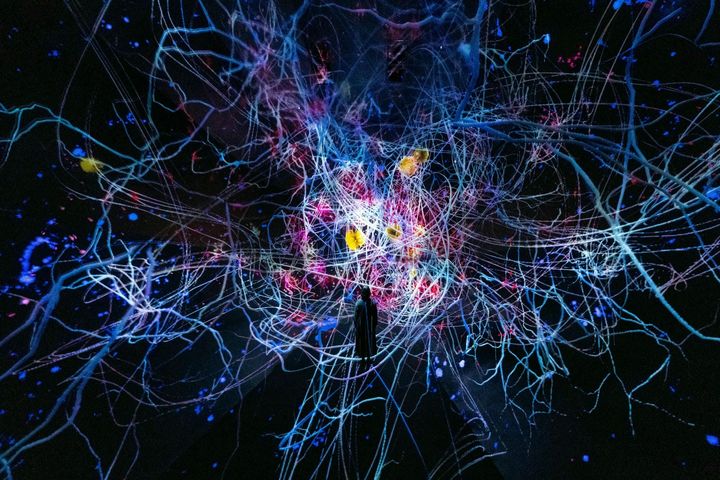 ▲《Traces of Life》：參與者的行動在地面留下發光軌跡，這些痕跡隨時間累積，成為作品的一部分。　圖：@teamLab ※ 參考圖片／來源