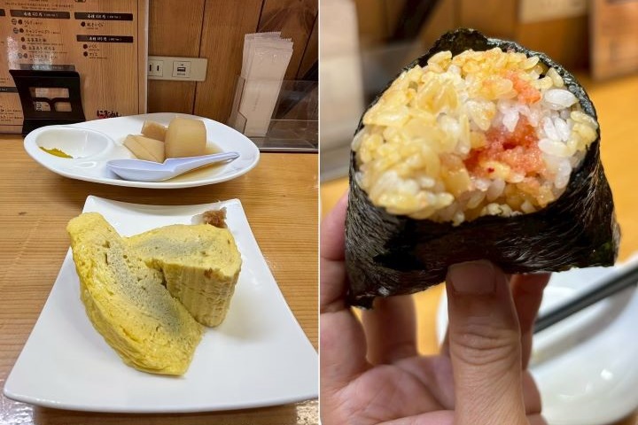 ▲配菜玉子燒、豐富內餡飯糰。　記者-黃千珮／攝影