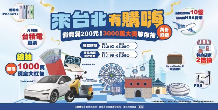 ▲「來台北有購嗨 消費歡樂抽」活動,超值大獎等你抽! 圖:交臺北市政府觀光傳播局/提供