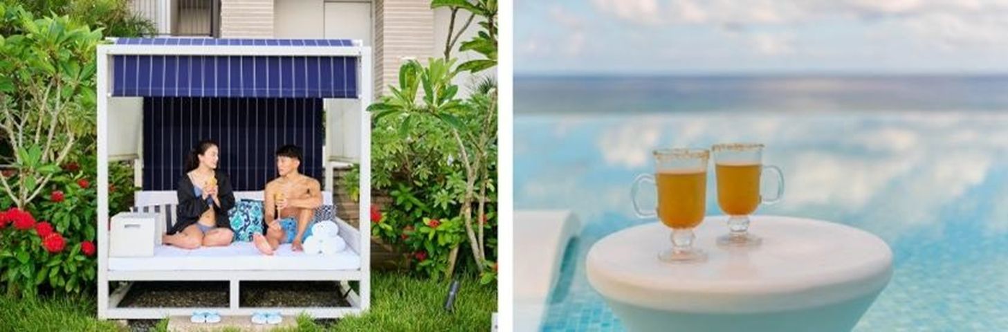 ▲在沖繩海麗客蘭尼擁有專屬的夢幻池畔帳篷小屋與獨家沖繩黑糖迎賓特調 。　圖：沖繩海麗客蘭尼度假村／提供