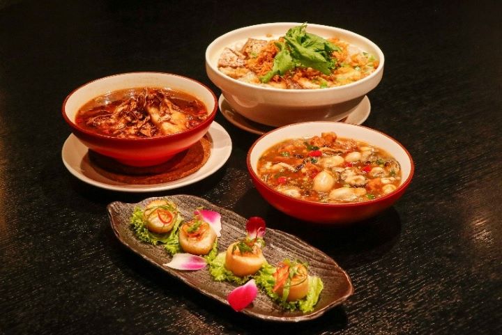 ▲「真心台菜」開發的鯛魚米粉湯、炙燒松露帆立貝、乾煎麻油鰤魚與豆鼓鮮蚵。　圖：JFOODO／來源