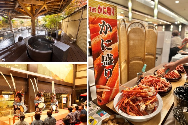 ▲「送你來去岩手住3晚」活動有一晚是花卷溫泉飯店的一泊二食免費住宿，現在晚餐正舉辦螃蟹祭，不僅能蟹腳吃到飽，還能泡好湯、晚餐後看傳統鹿舞表演。圖：岩手縣／提供