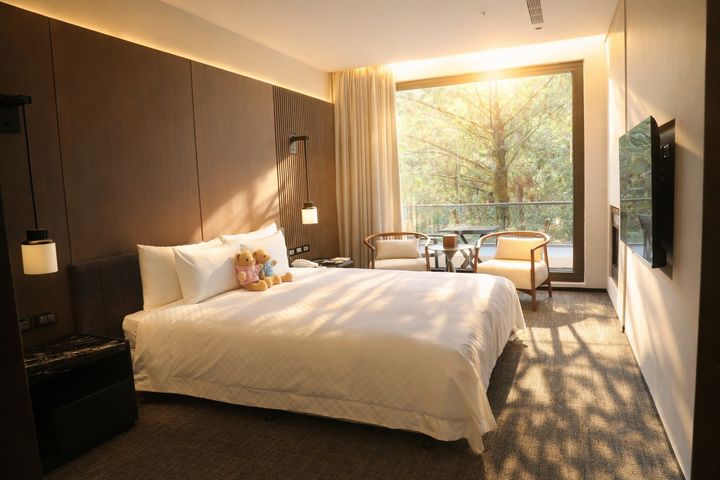 ▲頂級客房大片落地窗迎向檜木森林。　圖：阿里山賓館／提供
