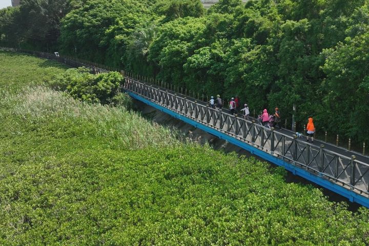 八里左岸騎乘自行車飽覽淡水河岸風光。　圖：新北市政府水利局／提供