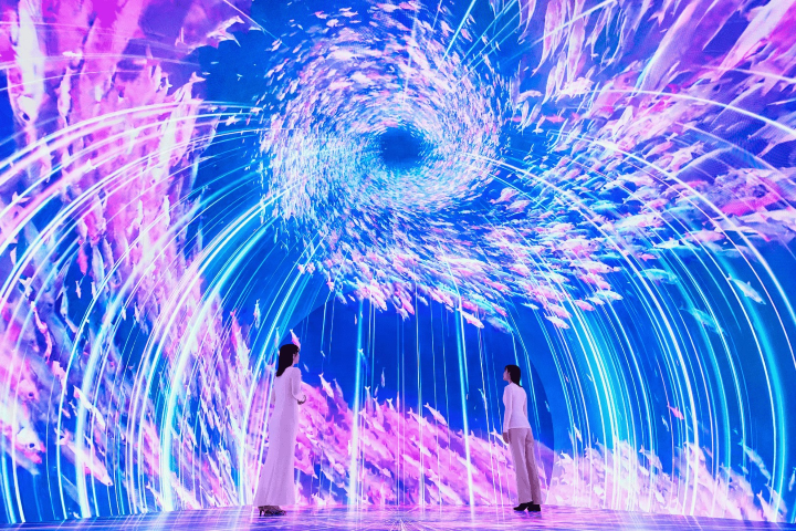  沉浸式空間以魚群旋轉光影打造宛如深海漩渦的視覺效果，讓遊客彷彿置身海洋中心。　圖：DeNA／提供