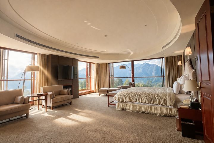 ▲「尊爵套房」的起居空間，雙面大面積落地窗引進大量自然光線，180度寬闊視野襯映窗外大塔山的雄偉壯麗，讓旅人自在優雅的隱逸於高山謐靜之中。　圖：阿里山賓館／提供