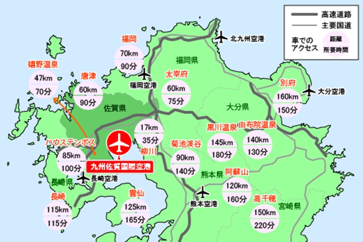 ▲從佐賀機場開往北部九州各地的時間與距離。　圖：佐賀國際機場／提供