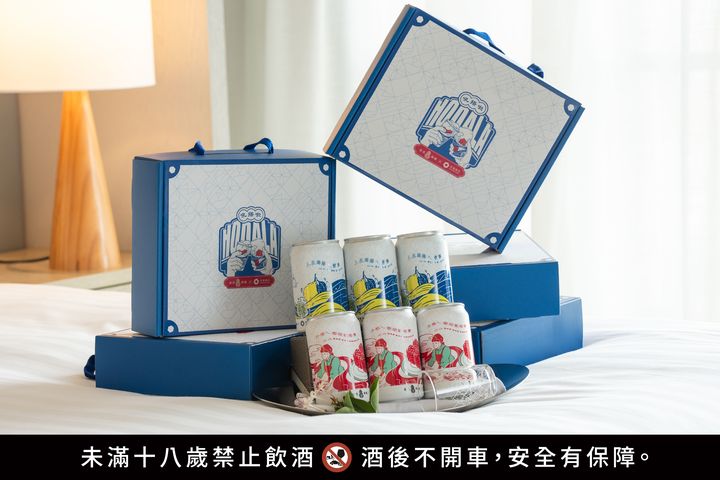 自04/20起，入住澎澄飯店行館以上房型更加贈限定啤酒禮盒，禮盒內含兩款啤酒各一罐及限定款「台灣134啤酒杯」二個。　圖：澎澄飯店／提供 