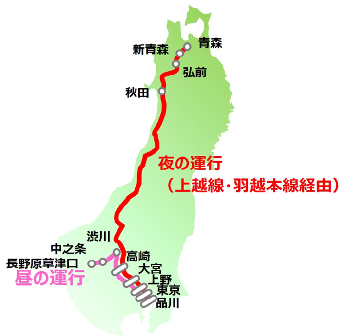 ▲列車行駛區間與停留車站，粉線為白日運行，紅線為夜間運行。　圖：JR東日本／提供