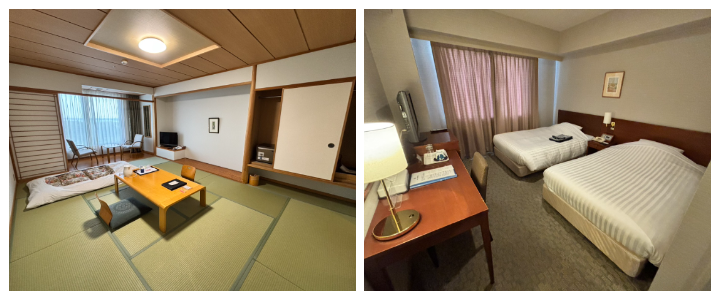 ▲（左）「龜之井飯店 青森馬門」和式客房；（右）「陸奧格蘭飯店」標準雙床房。　圖：向日遊／提供