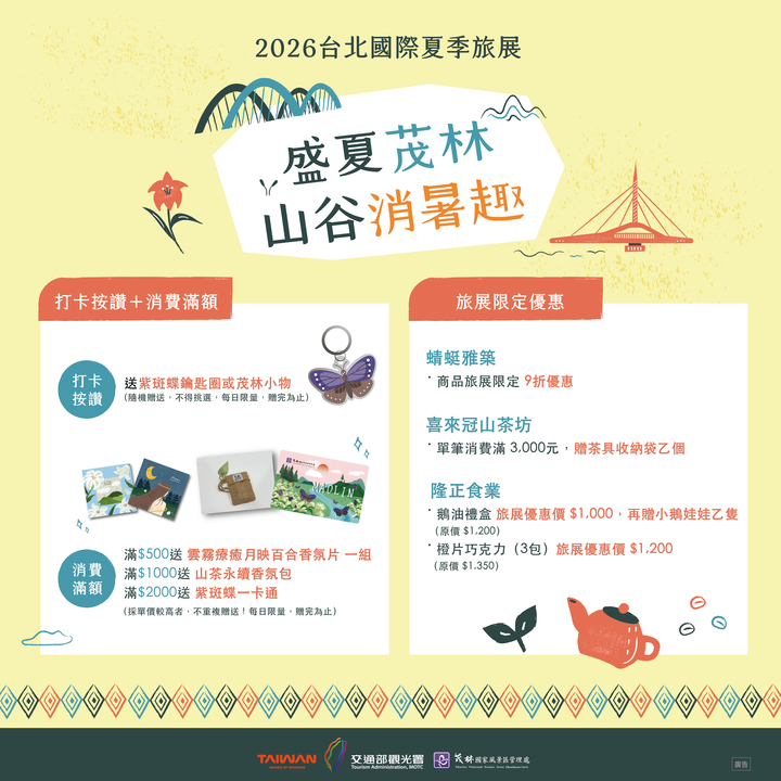 ▲夏季旅展期間除了限定優惠，打卡即可獲得限量紫斑蝶鑰匙圈，消費滿額再送部落香氛片、紫斑蝶一卡通等特色好禮。　圖：茂林國家風景區管理處／提供