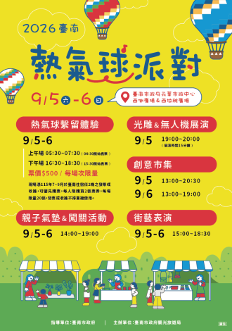 ▲「臺南熱氣球派對」活動海報。　圖：台南市政府觀光旅遊局／提供