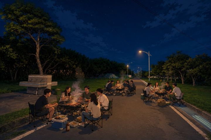 三五好友相約來「八里文化公園」烤肉趣（AI 生成圖）。　圖：新北市政府水利局／提供